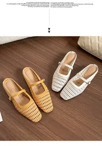 Top view of hollow woven mule flats in ginger yellow and white on a wooden floor