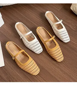 Macro detail of hand-woven hollow mesh upper and smooth footbed on women's mule slippers