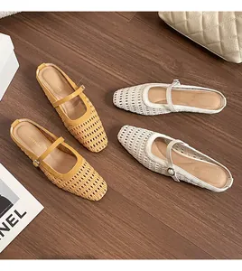 Flat lay of woven pointed-toe mule sandals in yellow and beige on a wooden floor