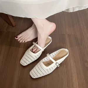 Women Casual Hollow Woven Mary Jane Mules Square Toe Breathable Mesh Flat Slippers Summer Vintage Strap Sandals Shoes