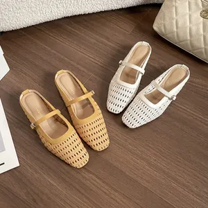 Women's hollow woven Mary Jane mule shoes with square toe and buckle strap in yellow and white