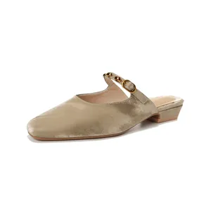 Champagne velvet square toe mules for women with metallic strap and low block heel