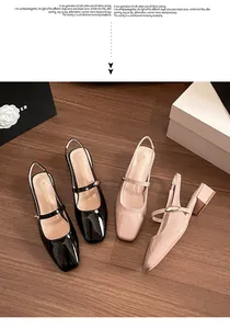Slingback Mary Jane shoes with square toe and block heel on dark wood flooring
