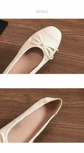 Detalle de la textura tejida y el lazo en estas bailarinas beige con punta cuadrada