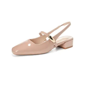 Elegant nude patent leather square toe slingback pumps with chunky heels for women