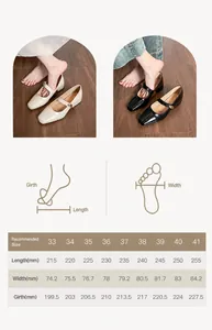 Size chart for Mary Jane pumps showing foot length and width measurements in mm