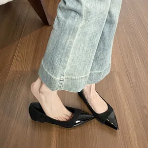 Flat pointed toe shoes for women in black patchwork faux suede and patent leather