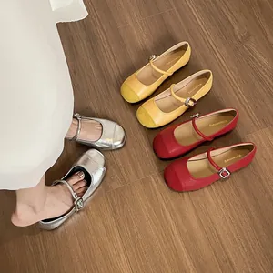 Γυναικεία Γαλλικά Retro Mary Jane Flats Στρογγυλή Μύτη ΠΟΥ Μικροΐνες Εσωτερικά Σόλα από Καουτσούκ Αγκράφα Κόκκινο Ασημί Κίτρινο