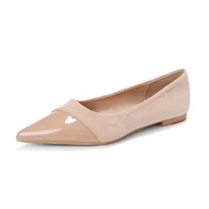 French pointed toe flat shoes for women with beige suede and glossy leather splicing