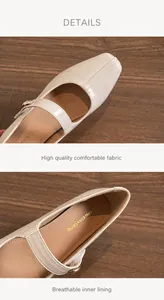 Macro detail of cream square toe Mary Jane shoes with metal buckle and soft inner lining