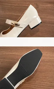 Detail view of comfortable block heel and anti-slip sole on beige Mary Jane shoes