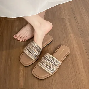 Claquettes Plates Bohèmes Rétro pour Femmes Tissage à Rayures Tige en Lin Respirant Semelle en Caoutchouc Casual Plage Été