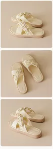 Detail view of woven twist strap and platform sole on stylish cream slides for women