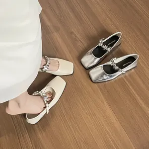 French style square toe Mary Jane flats with rhinestone flowers in beige and silver