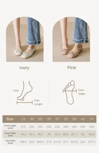 Size chart for Mary Jane shoes with bow, showing length and width measurements for 33-41