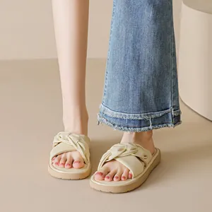 Casual cream beige flat slide sandals with cross knot wide strap for summer beach wear