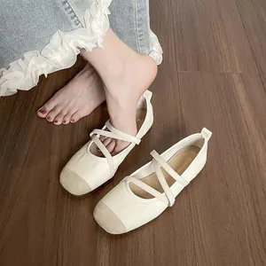 Ballerines Mary Jane Vintage Style Français pour Femmes en Cuir Microfibre Avec Bride Croisée Chaussures Plates à Bout Rond Carré