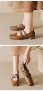 Détails des ballerines Mary Jane marron vintage à bout carré avec doubles brides