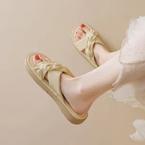 Chic cream platform slides for women with cross knot design and soft thick sole
