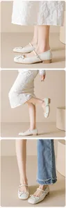 Detail of cream Mary Jane shoe featuring bow ornament and wood grain low block heel