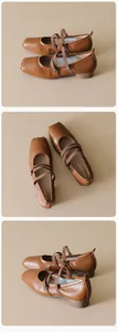 Détail de chaussures Mary Jane marron caramel avec doubles brides et bout carré chic