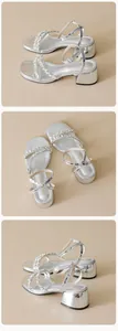 Three views of silver block heel sandals featuring sparkly rhinestone straps and buckles