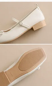 Detail of the comfortable low heel and non-slip rubber sole of these Mary Jane shoes