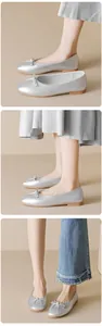 Three-way split view of silver ballet flats with bow detail on model's feet