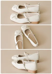 Three views of beige square-toe Mary Jane shoes with bow decoration and buckled straps