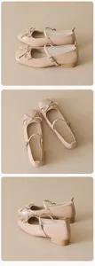 Detailed views of apricot Mary Jane flats with glossy finish and delicate bow decoration
