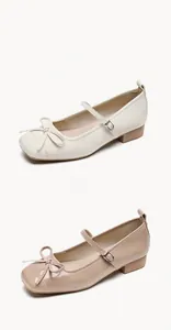 Detail of square toe Mary Jane shoes with bow decoration in matte beige and patent nude