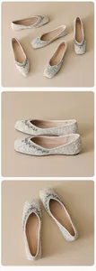 Detail of beige square-toe ballet flats with pearls and crystal flower ornaments