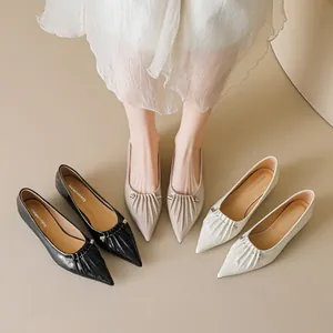 Elegante dames platte schoenen met spitse neus, geplooid leer en metalen detail