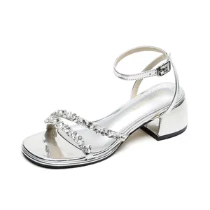 Elegant silver block heel sandals with rhinestone straps and adjustable ankle buckle