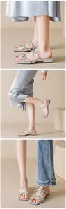 Multiple views of silver square toe low block heel sandals with delicate bow detailing