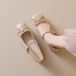 French square toe Mary Jane pumps with bow tie and block heel in creamy beige