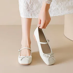 French square toe Mary Jane shoes in beige with chic bow and adjustable buckle strap
