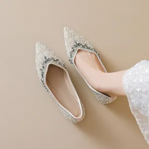 Französischer Stil Künstliche Perlen Strass Flache Schuhe Elegante Spitze Eckige Ballerinas Bequeme Flache Hochzeitsschuhe