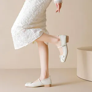 French bow square toe Mary Jane shoes with low chunky heel in elegant cream white