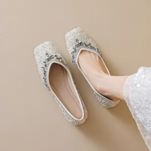 Ballerines Élégantes pour Femmes avec Künstliche Perles et Strass Bout Carré et Pointu Souples à Enfiler Chaussures de Mariage et Fête