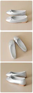 Three-angle view of silver ballet flats featuring a metallic finish and delicate bow detail