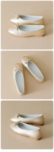 Detailed views of champagne gold ballet flats with bow tie decoration and soft soles
