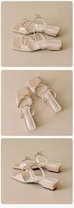 Close-up views of beige open-toe sandals with elegant bow detail and low block heels