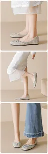 Close-up views of square toe flat shoes featuring elegant pearls and sparkling rhinestones
