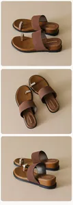 Detailed views of brown faux leather toe-loop sandals with stylish silver square buckle