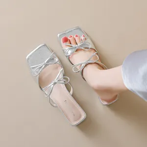 Women Square Toe Bow Sandals Microfiber Metallic Chunky Heel Slides Elegant Summer Slip On Outdoor Dress Slippers Silver Nude