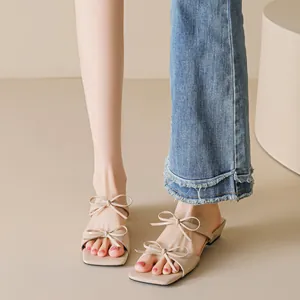 Elegant beige bow-knot square toe sandals with low block heels for summer women's fashion