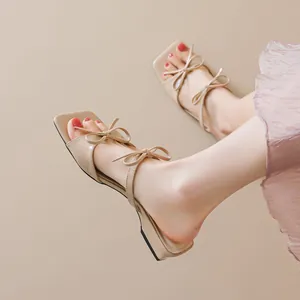 Fairy style apricot square toe sandals with dual bow straps and low block heels