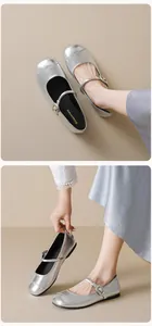 Detailed view of silver Mary Jane flat shoes with metallic finish and buckle strap