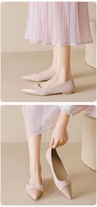 Detail of nude pointed toe flat shoes featuring suede and patent leather patchwork